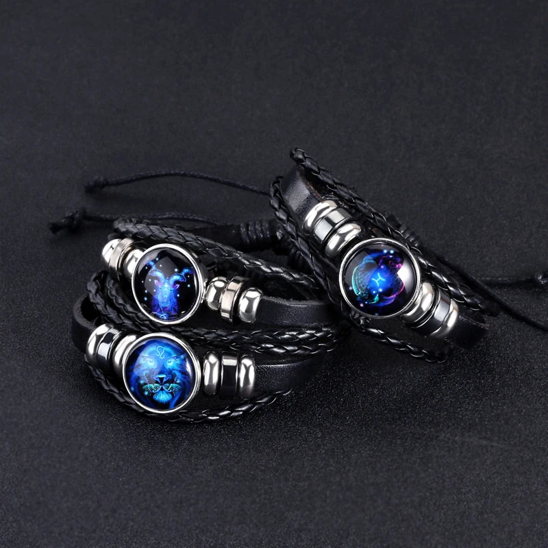 12 Zodiac Signs Constellation Bracelet Men's Women's Trend Multi-layer Woven Leather Punk Couple Bracelet Gift Accessory