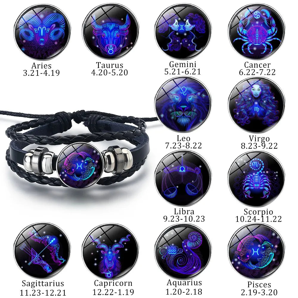 12 Zodiac Signs Constellation Bracelet Men's Women's Trend Multi-layer Woven Leather Punk Couple Bracelet Gift Accessory