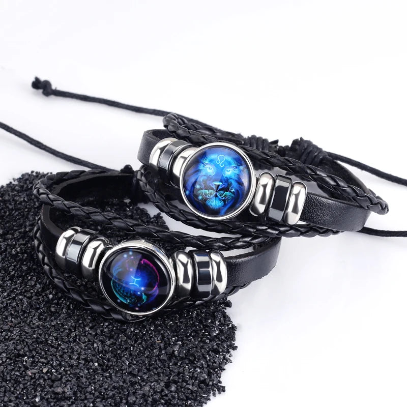 12 Zodiac Signs Constellation Bracelet Men's Women's Trend Multi-layer Woven Leather Punk Couple Bracelet Gift Accessory
