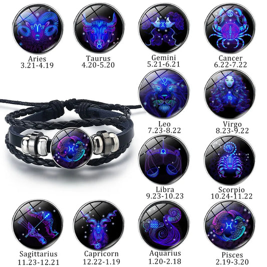 12 Zodiac Signs Constellation  Bracelet Men's Women's Trend Multi-layer Woven Leather Punk Couple Bracelet Gift Accessory