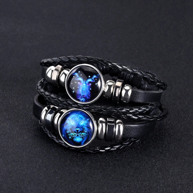 12 Zodiac Signs Constellation  Bracelet Men's Women's Trend Multi-layer Woven Leather Punk Couple Bracelet Gift Accessory